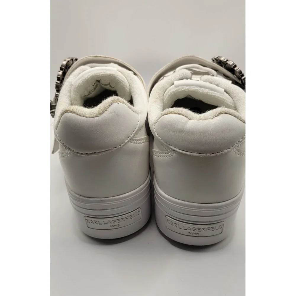 White Leather With Crystal Trim Buckle Karl Lagerfeld Platform Sneakers Size 6.5
